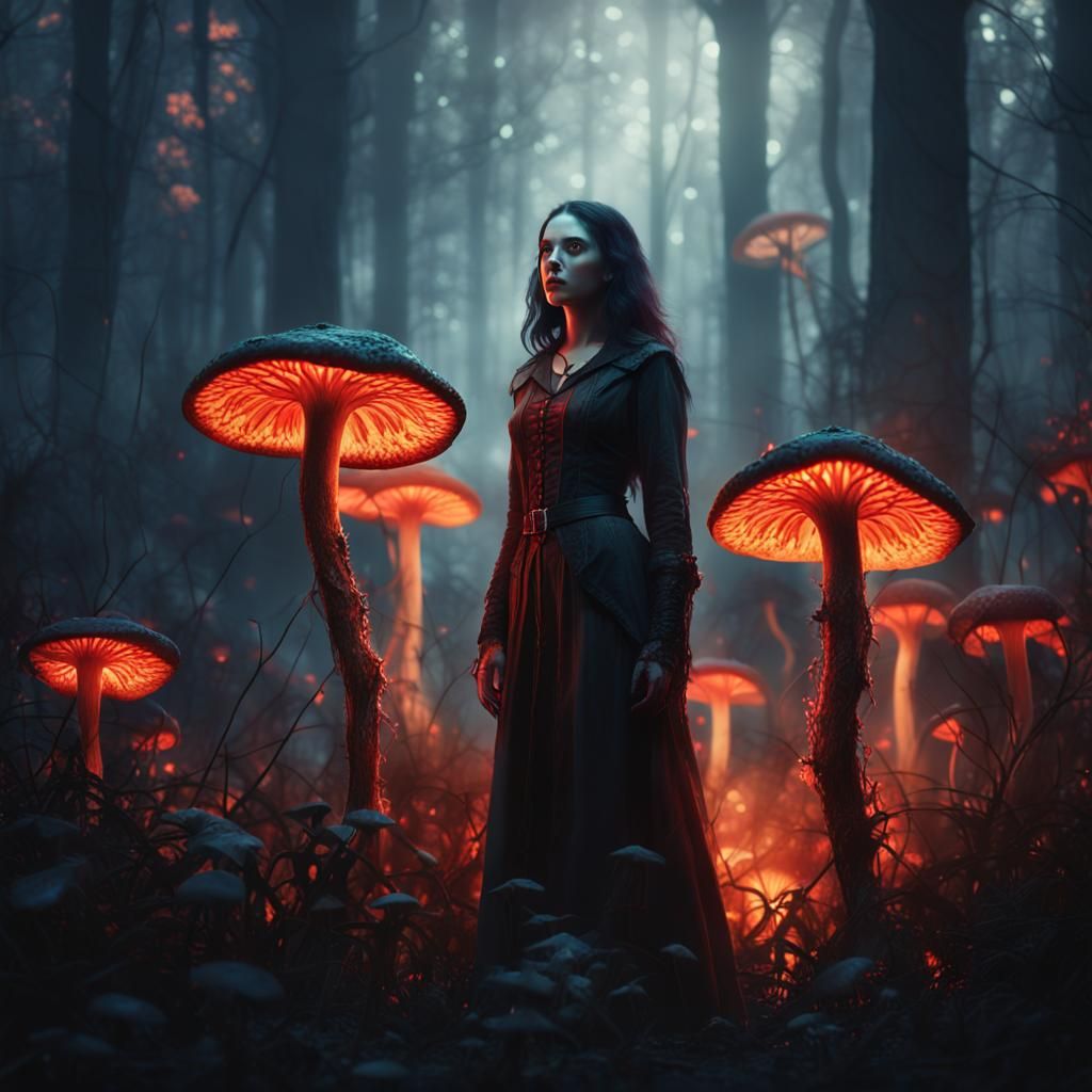 Brunette Vampire in Misty Forest: Fantasy Concept Art