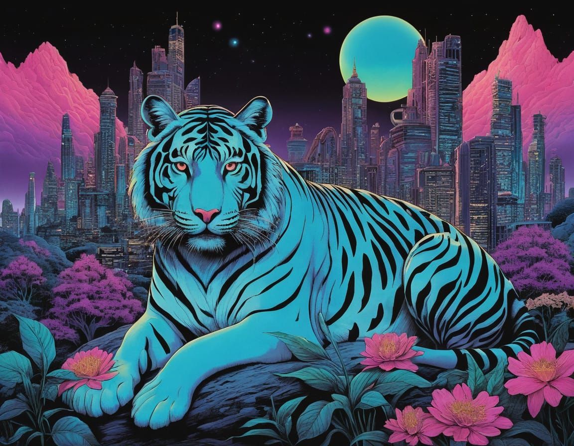 Mystical Tiger Spirit in Cosmic 80s Anime Cityscape