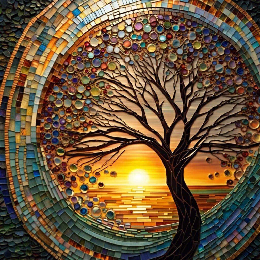 Glass Art Mosaic: Sunset Behind a Tree