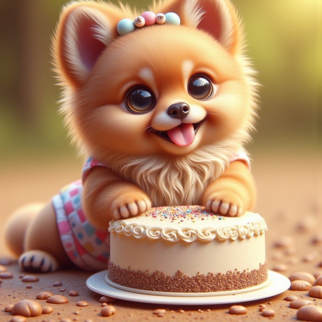 Cute Pomeranian Puppy's First Birthday, as Oil Painting