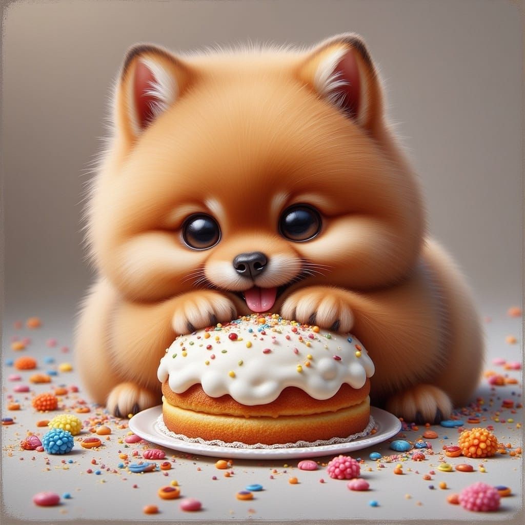 Ginger Pomeranian Puppy's Birthday Cake Feast