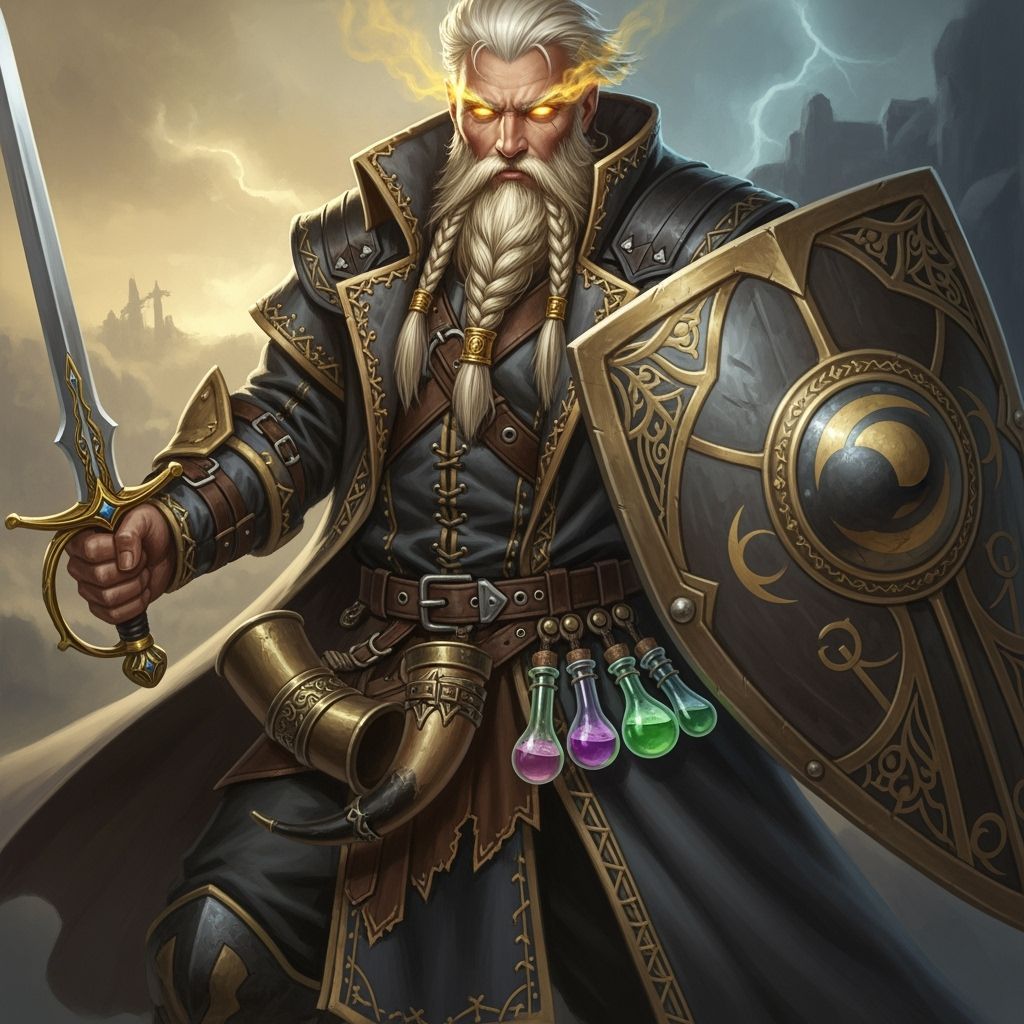 Aasimar Barbarian with Golden Eyes and Ornate Shield