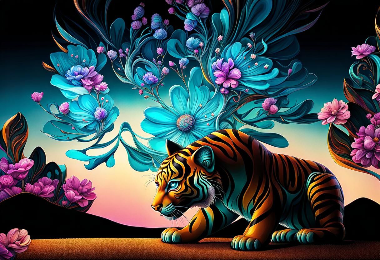 Cyberpunk Blown Glass Floral Tiger Cub