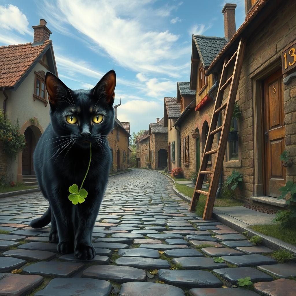 A black cat crossing the road with a green lucky clover in her mouth, background a village fantasy scene
