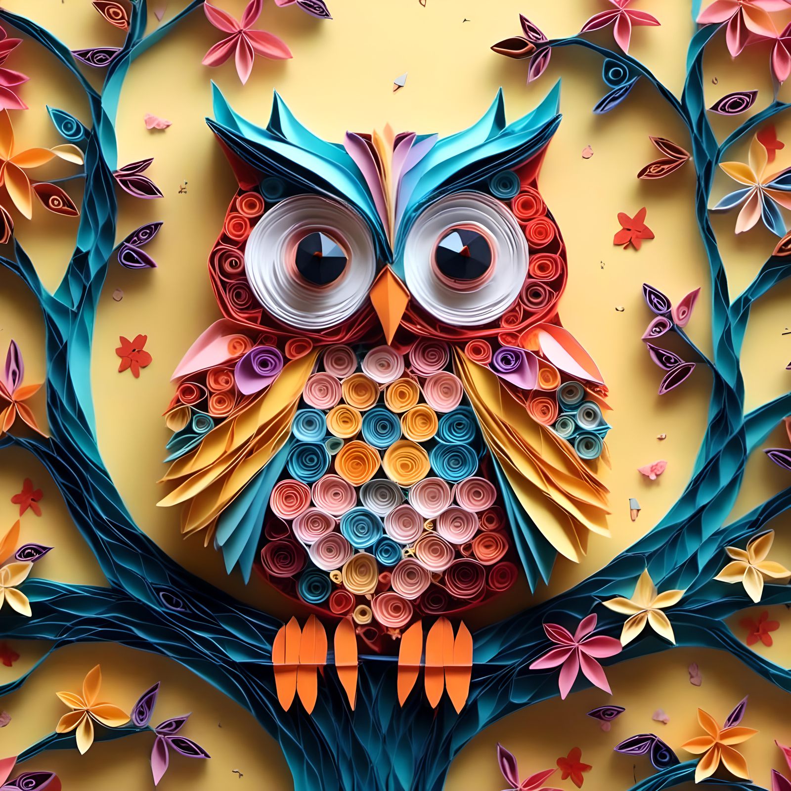 3D Paper-Collage of an Owl in a Tree