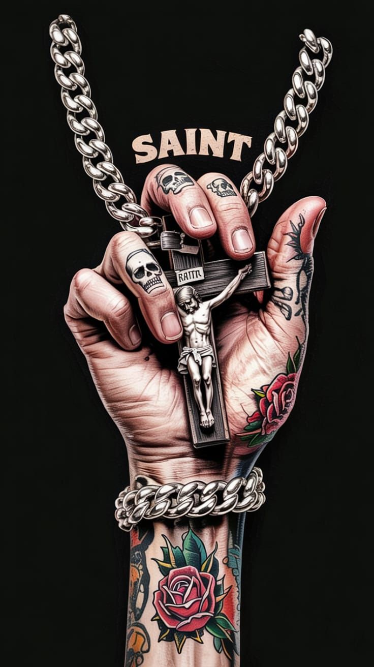 Muscular Hand Grips Crucifix Pendant With 'SAINT' Text