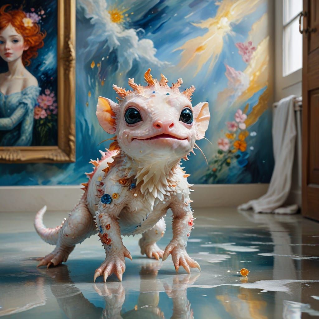 Ethereal Axolotl Ice Skates in Whimsical Surrealist Art