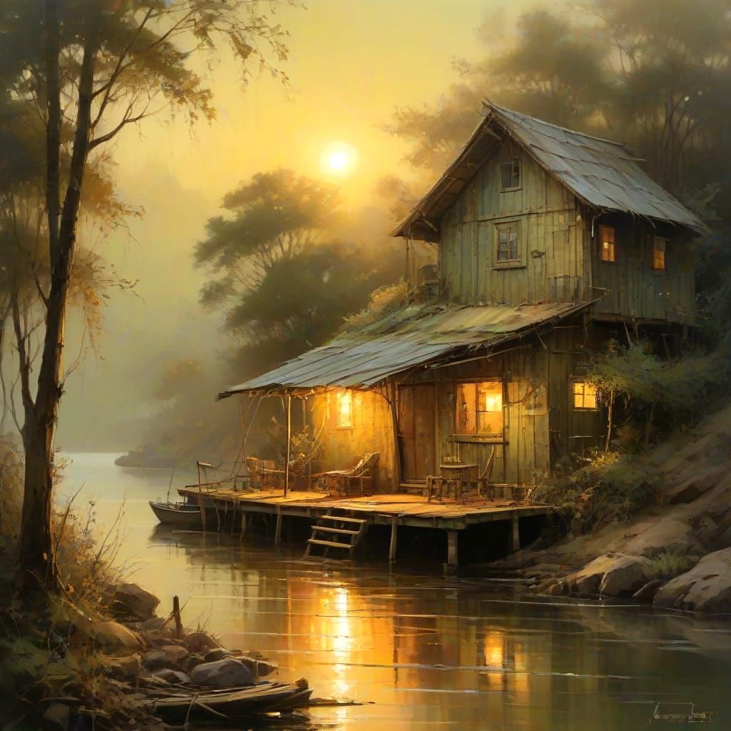 Vintage Monochromatic Fishing Shack in Ethereal Amber Mist