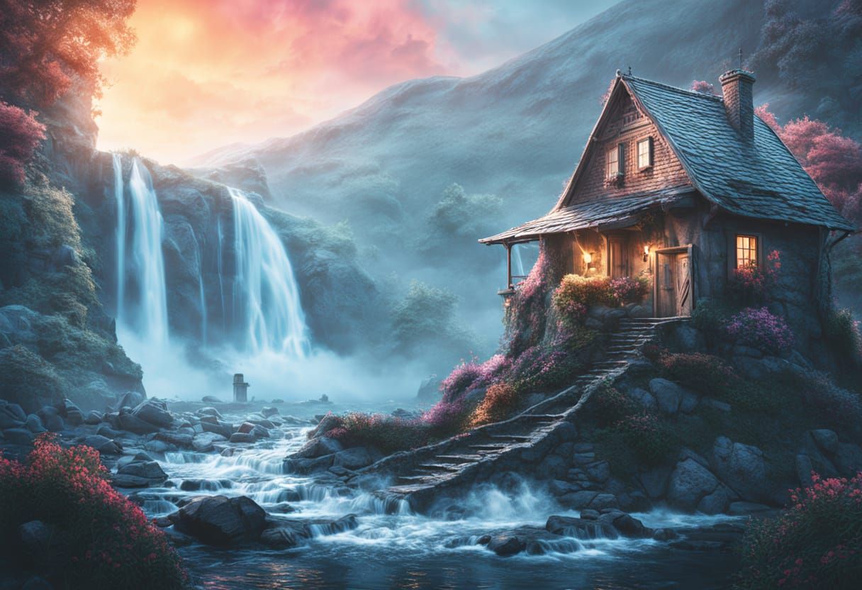 Fantasy Cottage Beside Waterfall with Liquid Staircase