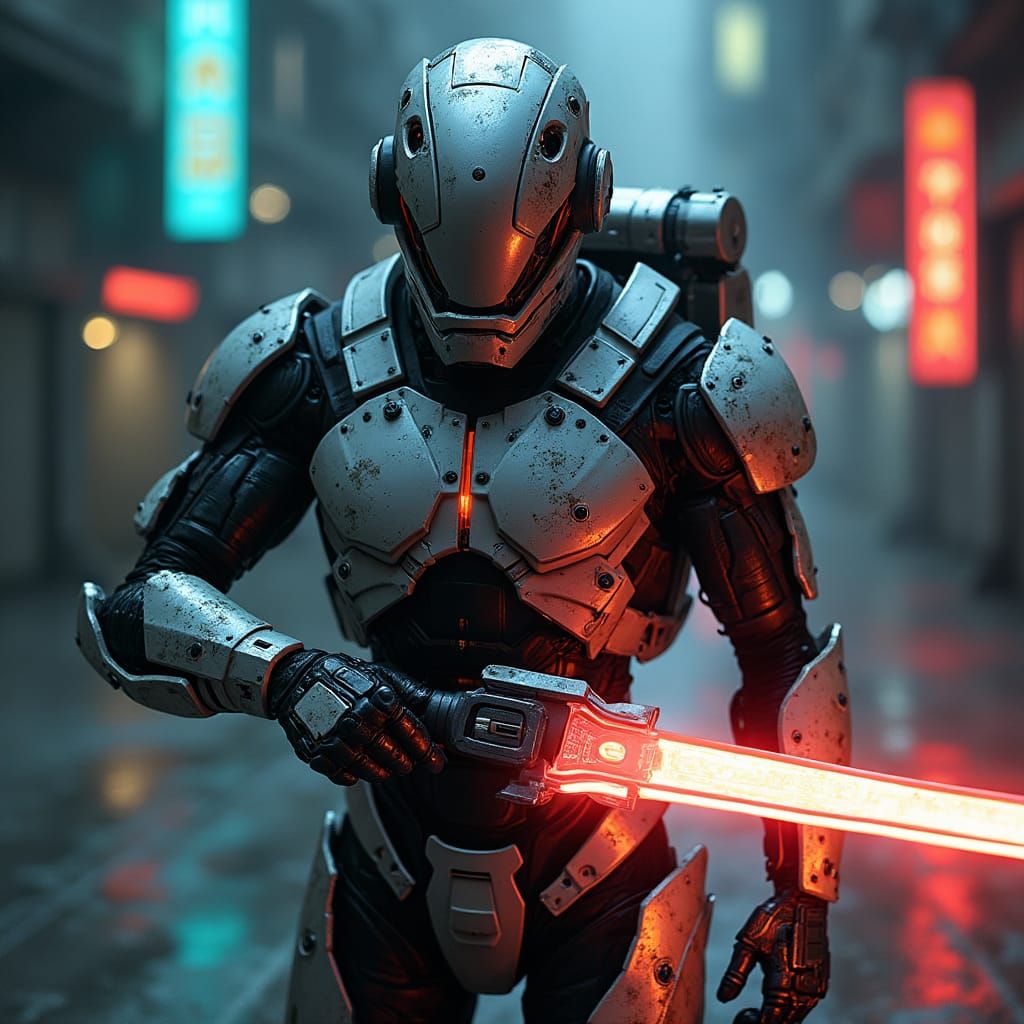 Cyborg Warrior in Dystopian City with Energy Sword
