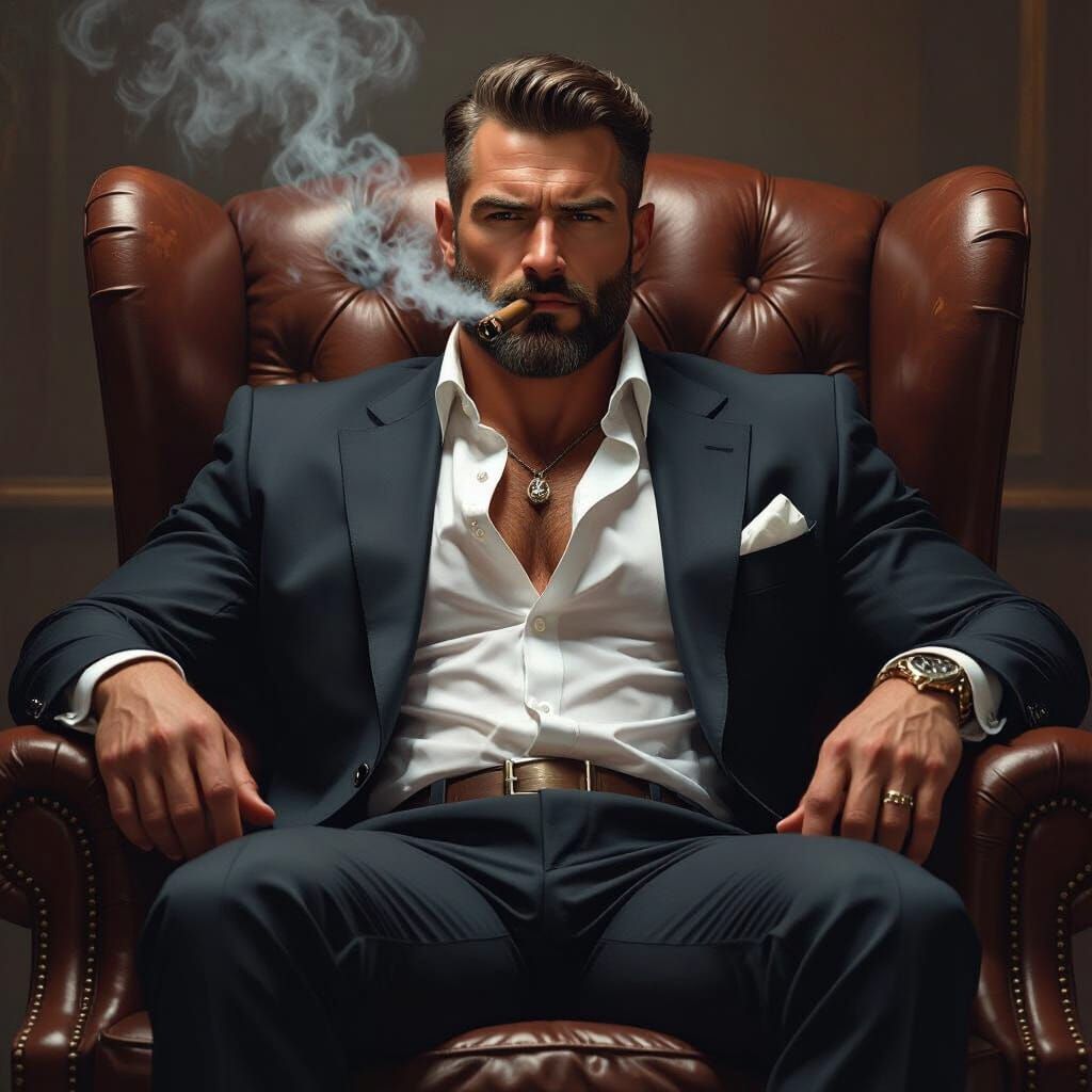 Powerful Businessman in Noir Style Exhaling Cigar Smoke