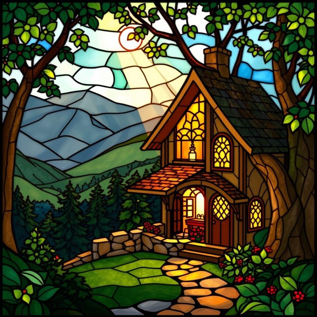 Stained Glass Cottage in Valley, Art Nouveau Style