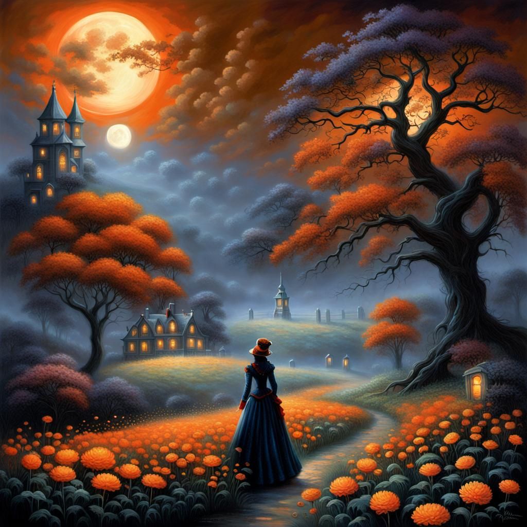 Gothic Steampunk Woman Under Orange Moon