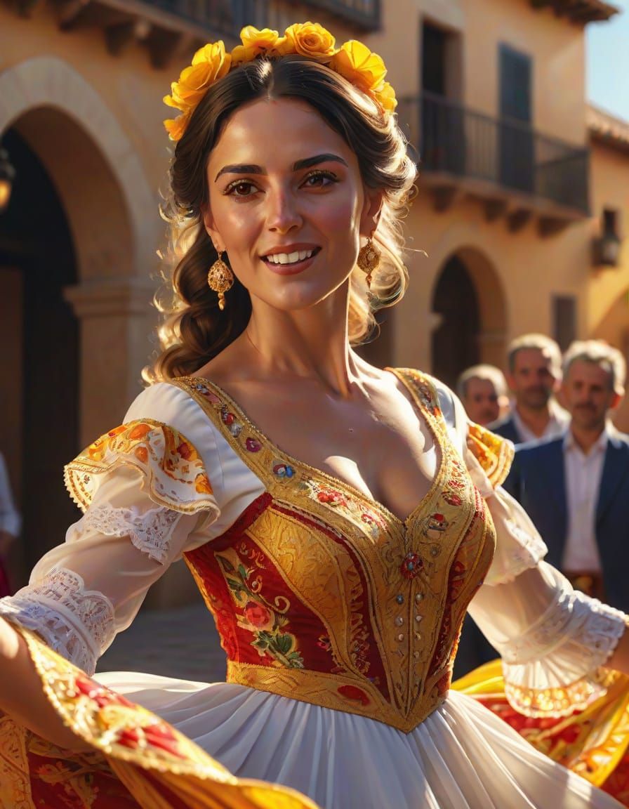 Spanish Woman Dancing Sevillanas in Golden Sunlight