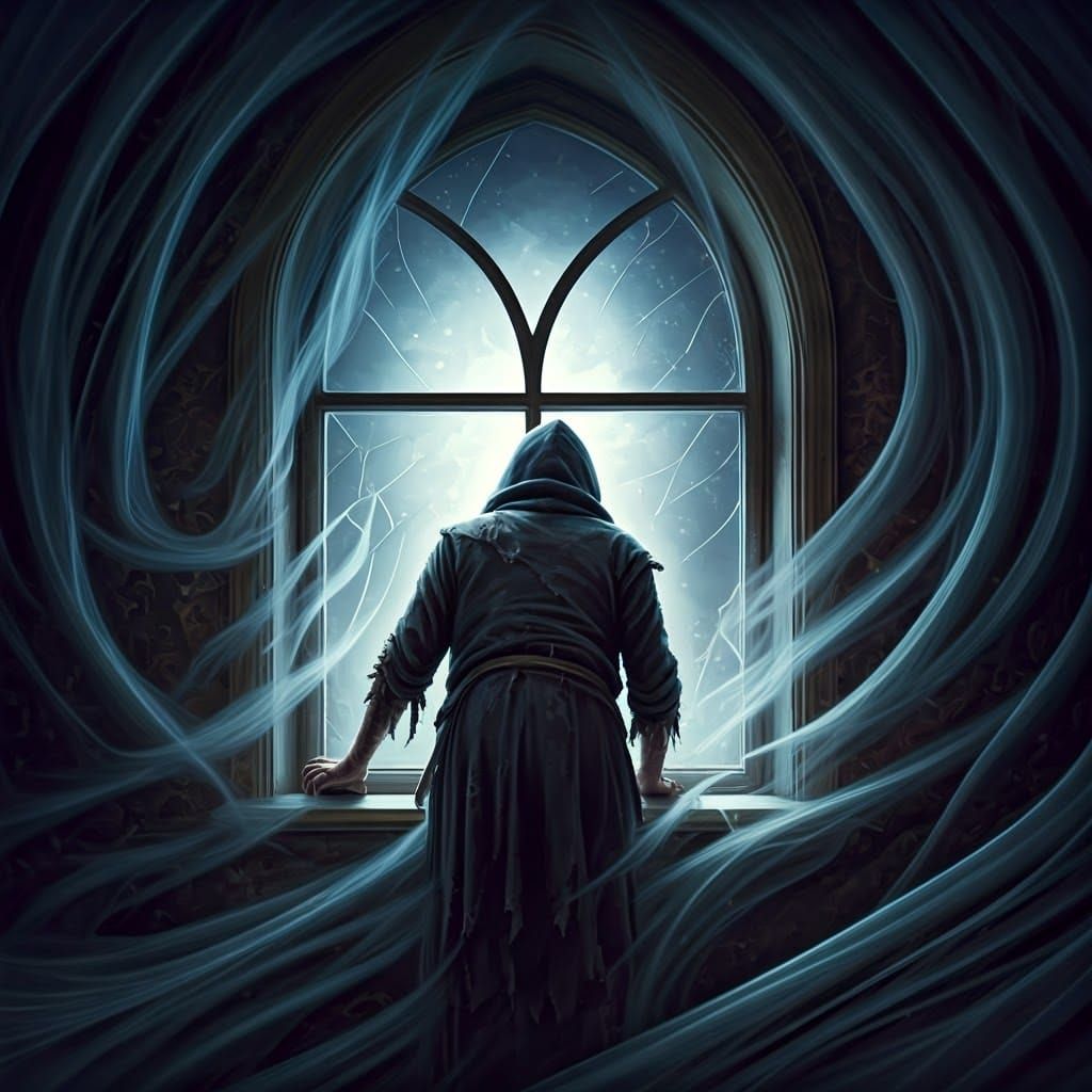 Mysterious Figure Peering Through Window in Fantasy Art