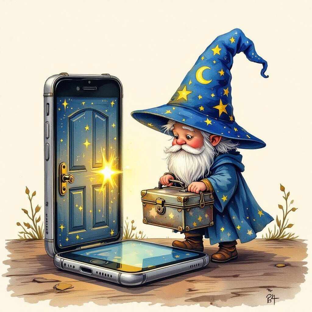 Wizard Enters Magic Doorway on Cellphone in Storybook Style
