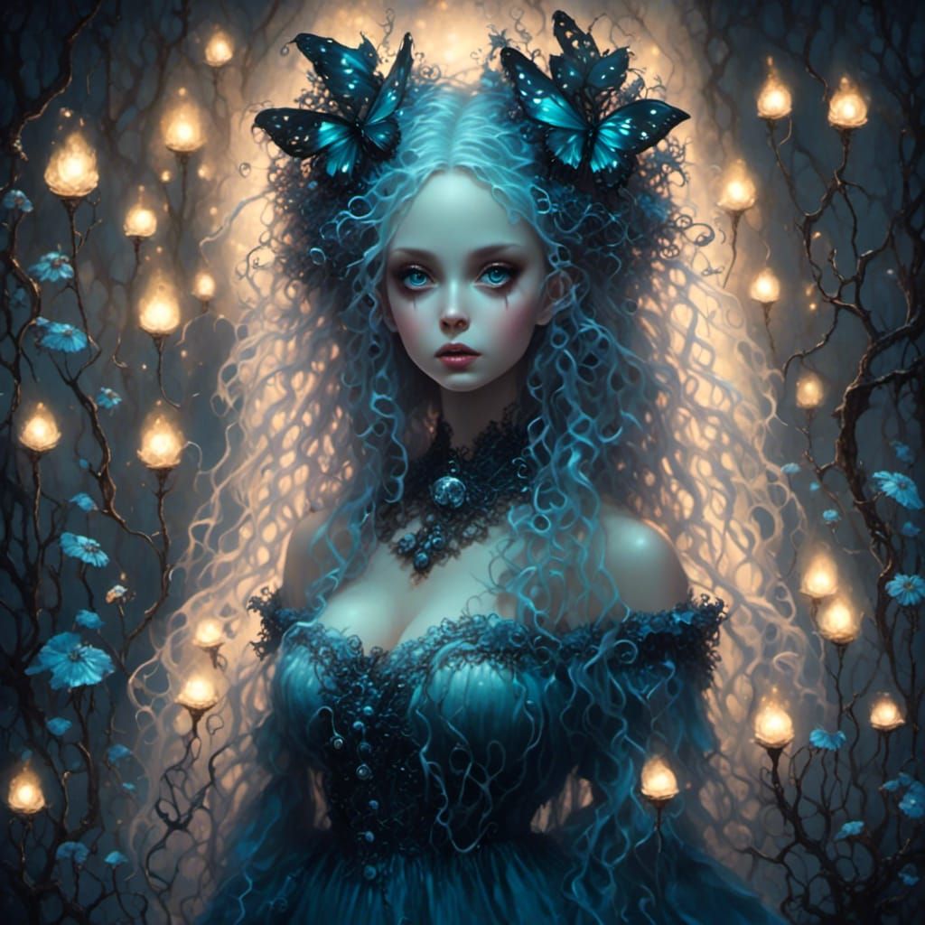 Dark Fairy in Bioluminescent Forest, Burton Style