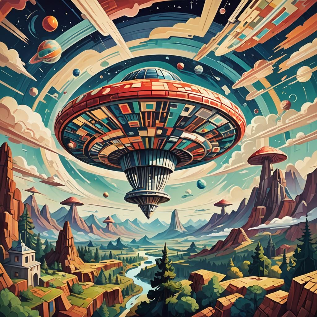 Mushroom UFO over Earth in Cubist Art Deco Style