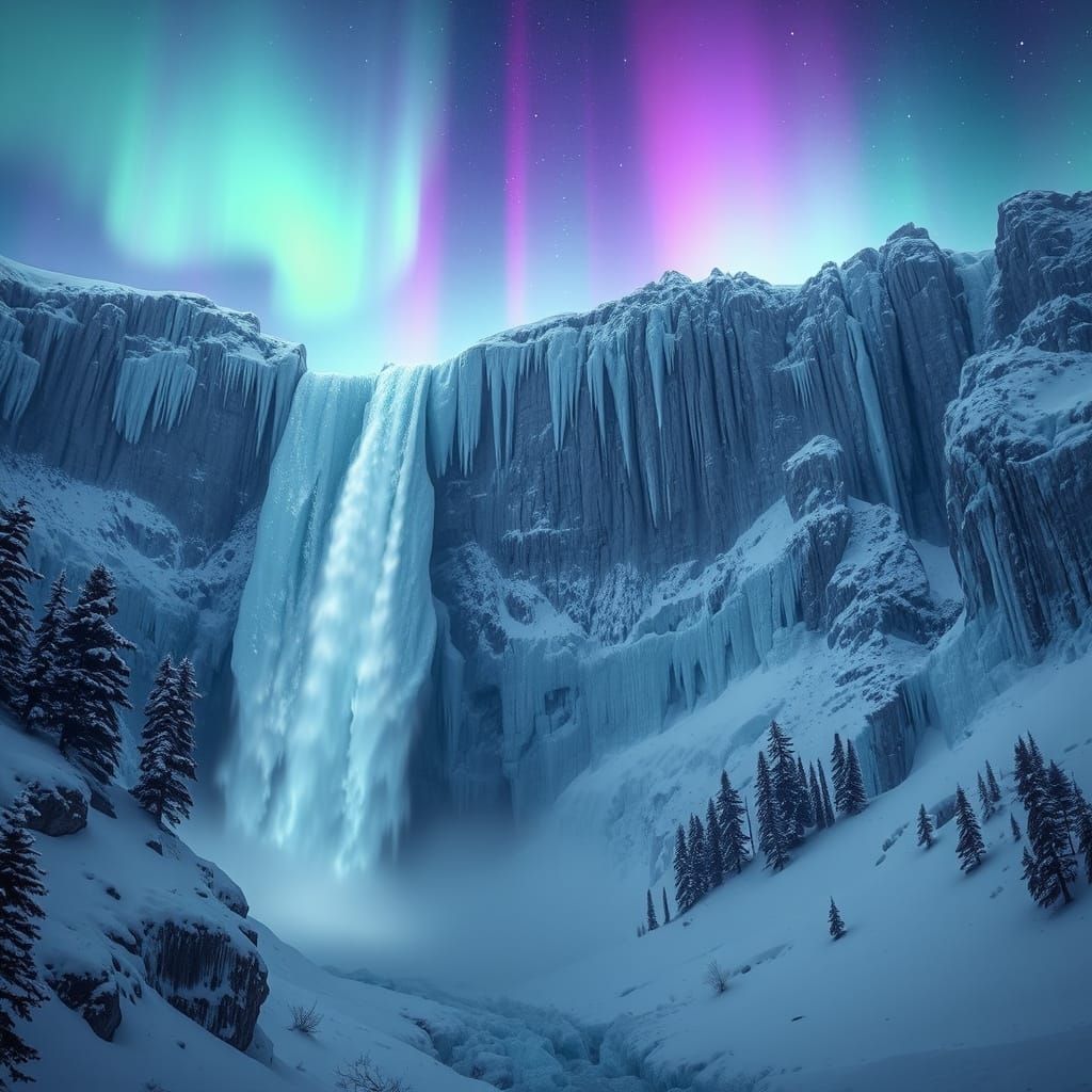 Surreal Winter Waterfall Scene under the Dancing Aurora