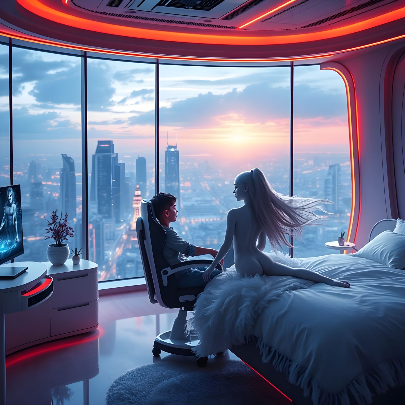 Futuristic Gamer Room with Android, Ethereal Fantasy