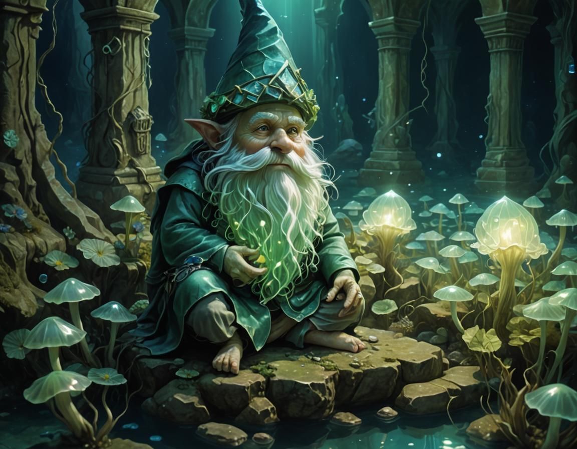 Gnome in Underwater Temple: Fantasy Illustration