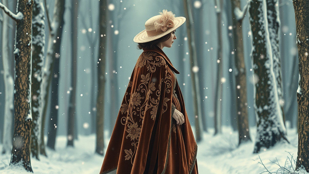 Victorian Woman in Snowy Forest, Arthur Rackham Style