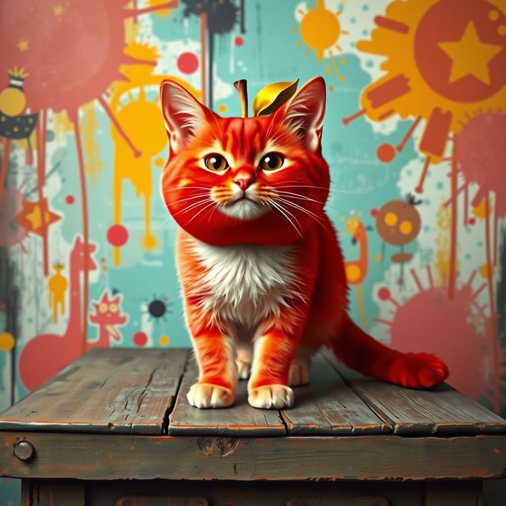 Vibrant Apple Cat in Whimsical Pop Art Style