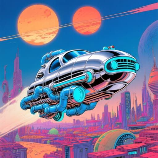 Retro-Futuristic Vehicle in Alien Cityscape Digital Painting