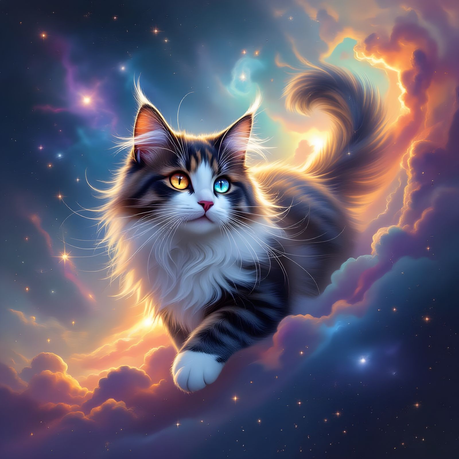 Mystical Galactic Cat Drifting Through Cosmic Void