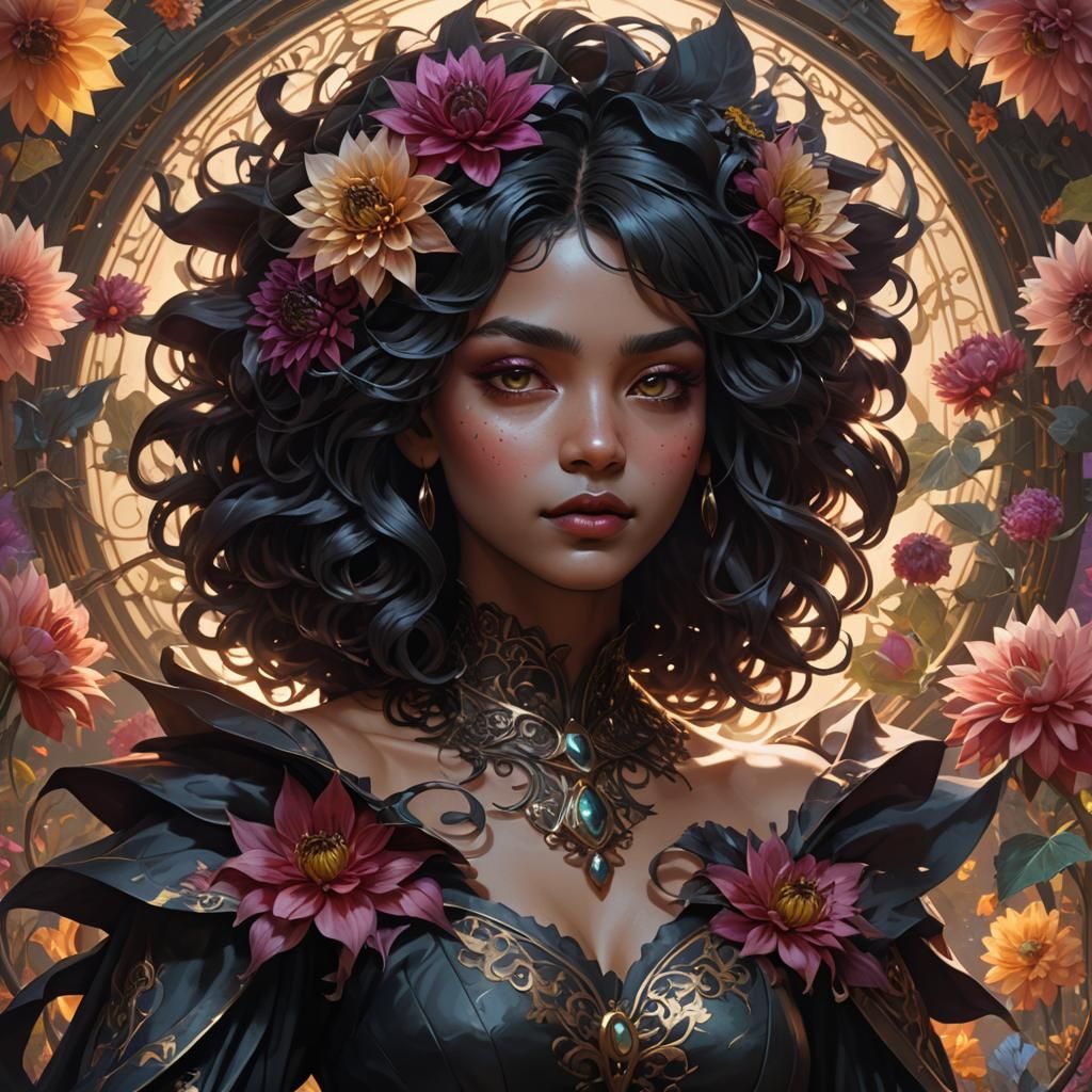 Black Dahlia Witch Portrait in Art Nouveau Style