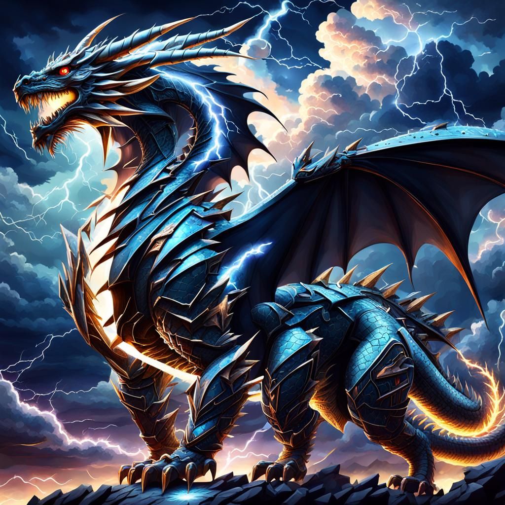 Cybernetic Dragon in Lightning Storm Sky