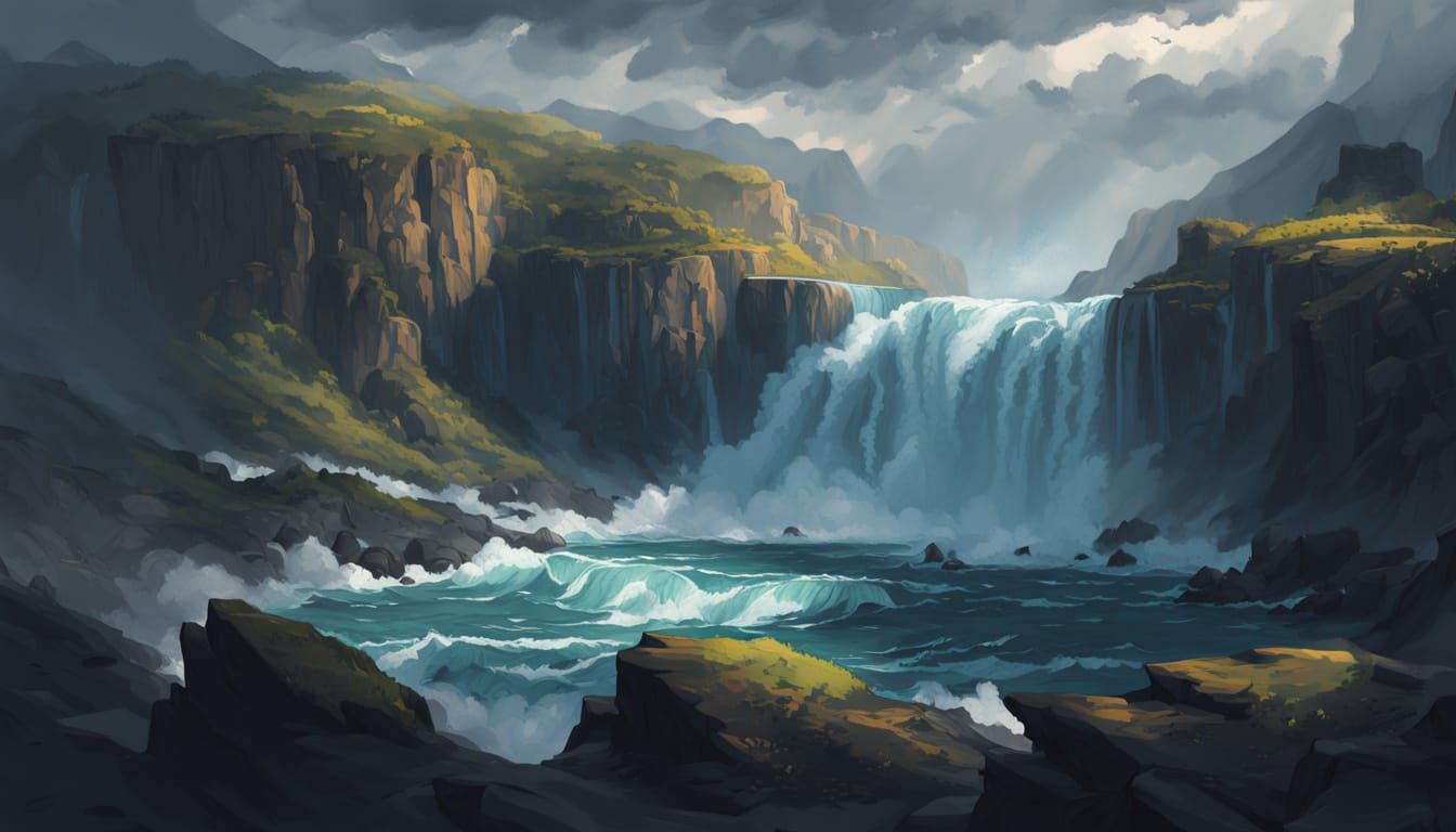 Majestic Waterfall Meets Stormy Sea in Concept Art