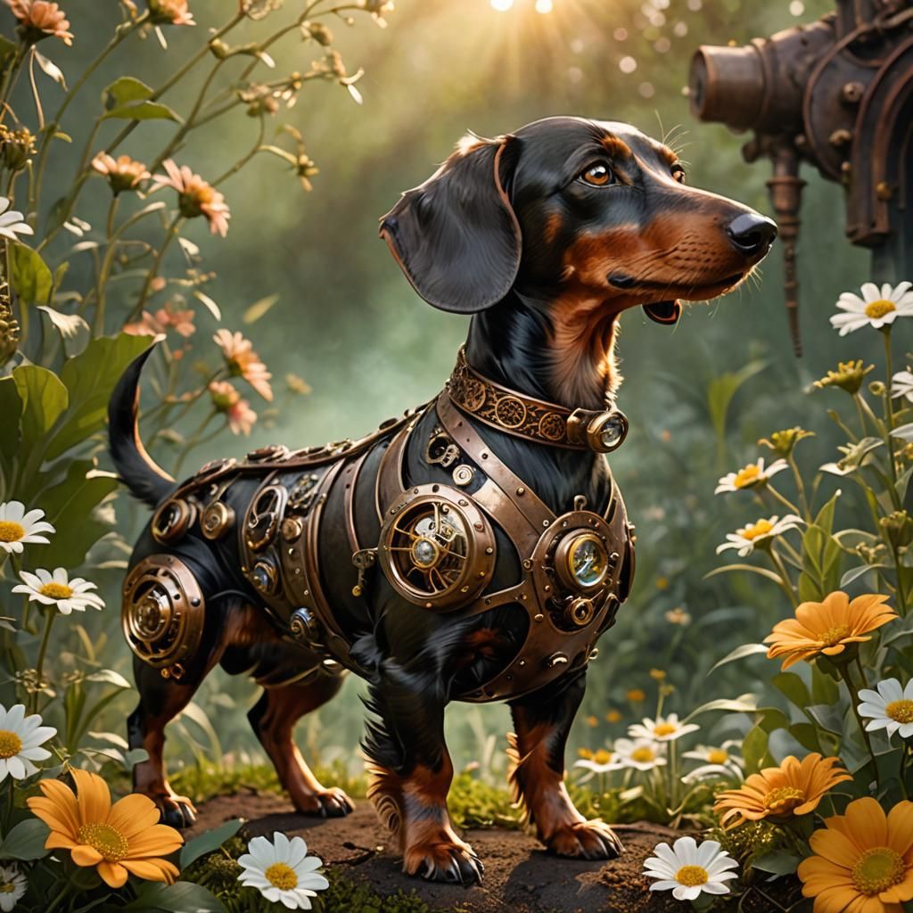 Steampunk Metallic Dachshund with Glowing Eyes