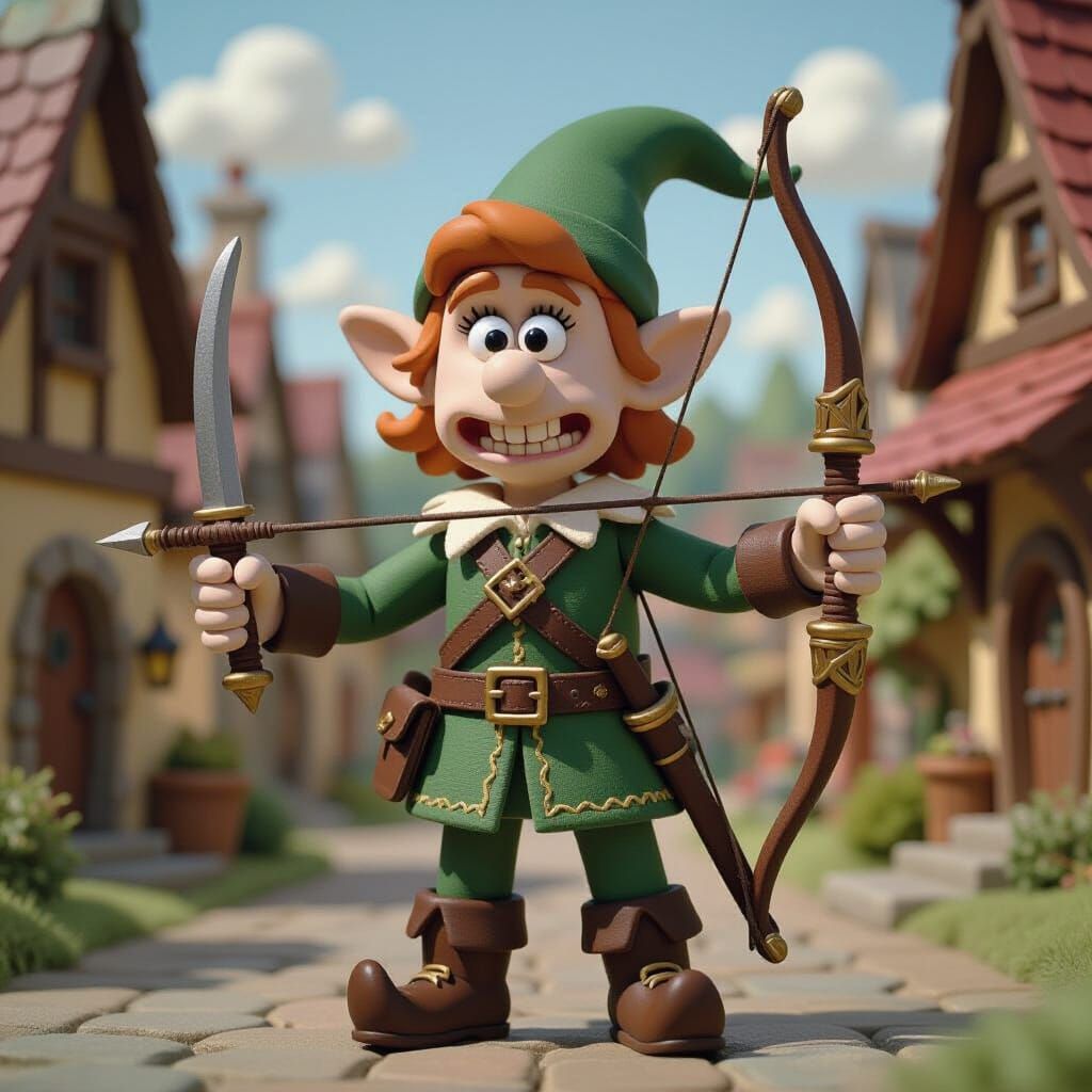 Claymation Elf Warrior in Medieval Village