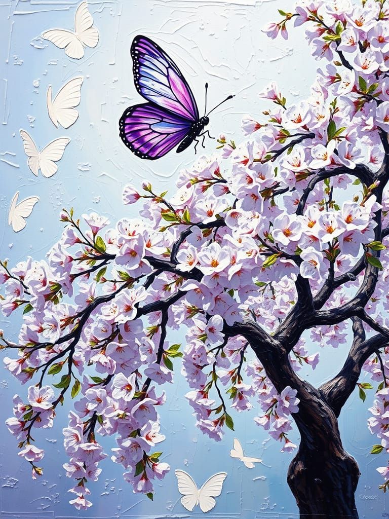 Butterfly and Cherry Tree in Impasto Style