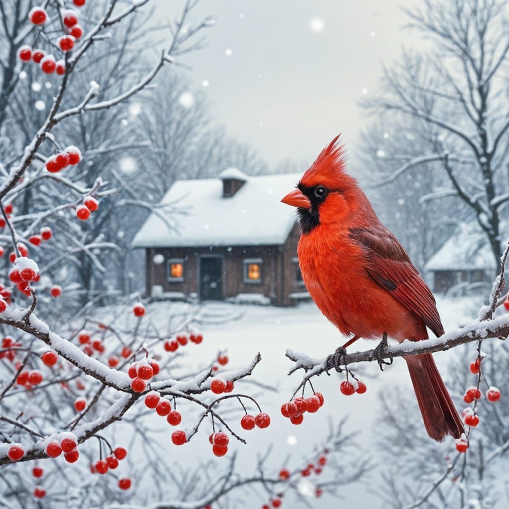 Vibrant Cardinal in Winter Wonderland Scene