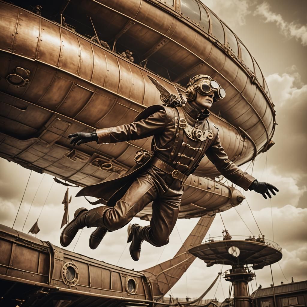 Steampunk wing-suit serious sepia old photo jump from an ant...