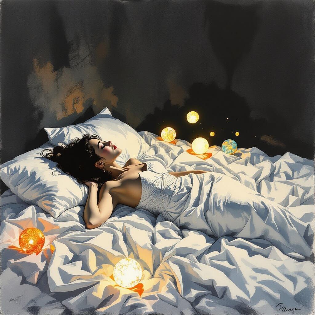 Twilight Boudoir Scene with Enchanted Orbs in Grayscale