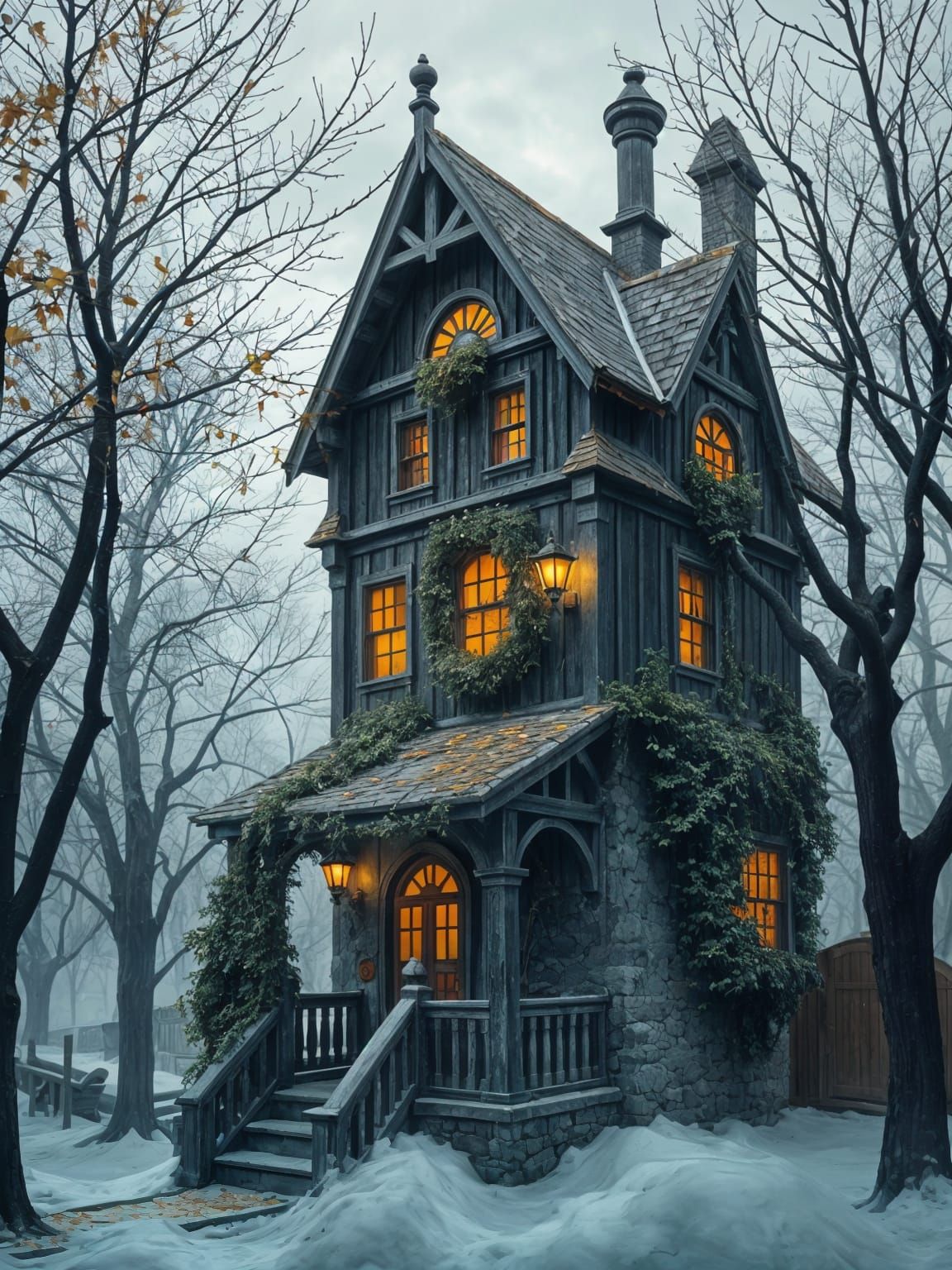 Haunted House in Naive Art with Kintsugi