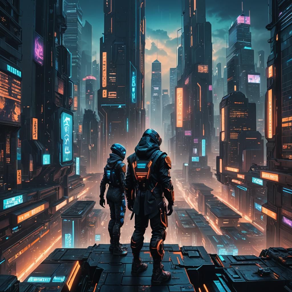Cyberpunk Cityscape with Humanoids in Digital Art