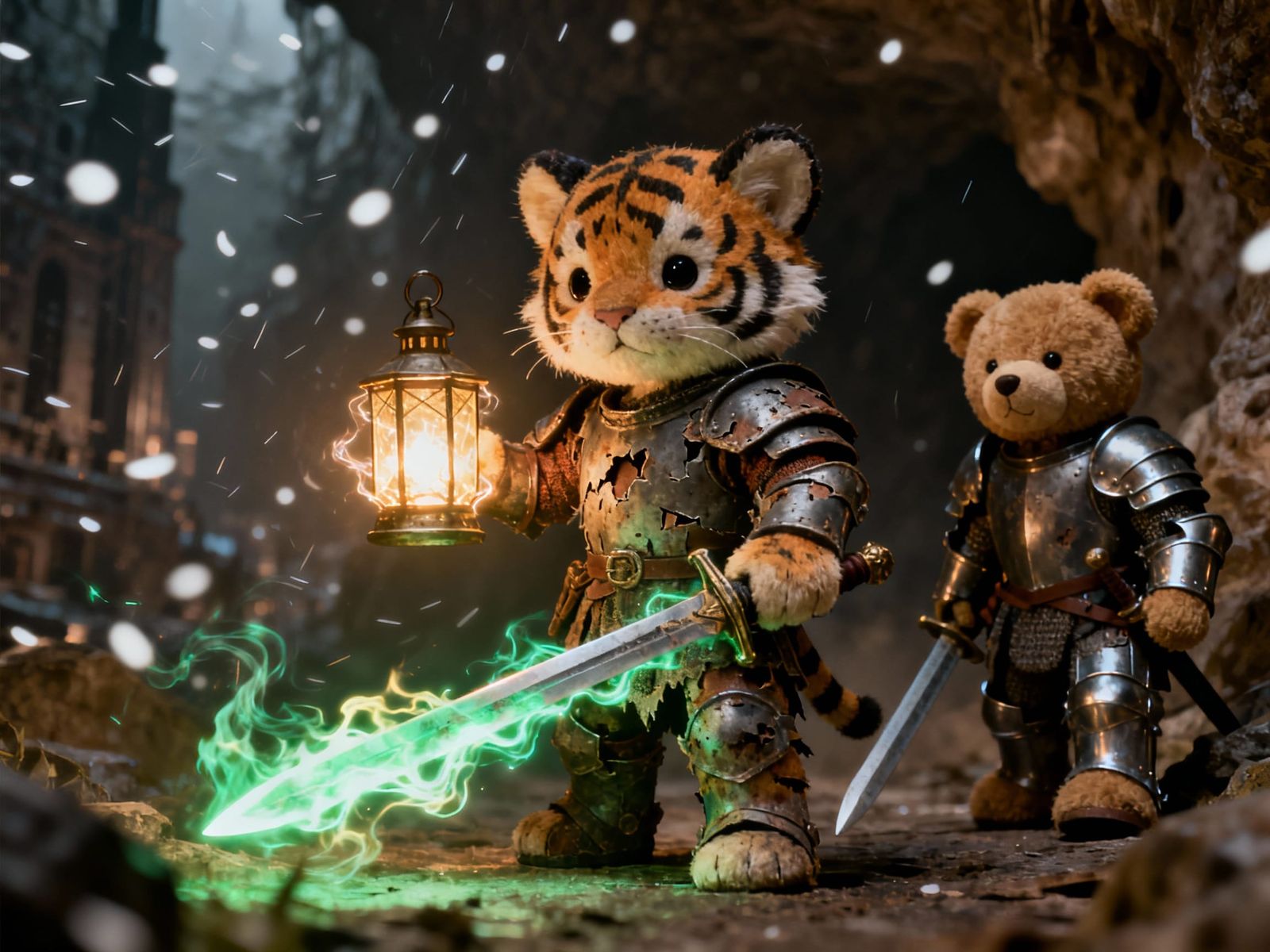 Cute Tiger Warrior and Bear Knight in Dark Fantasy Caverns