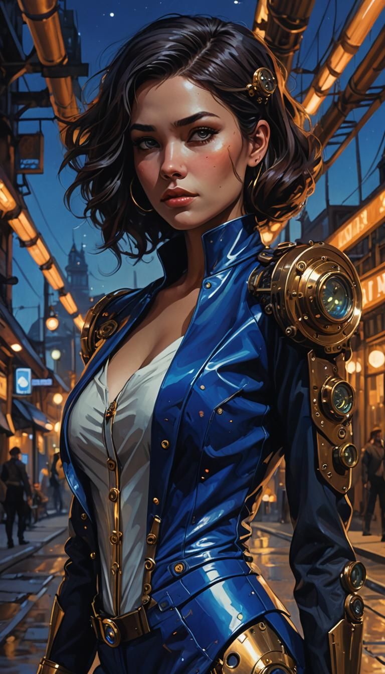 Steampunk Woman in Cobalt Suit at Night