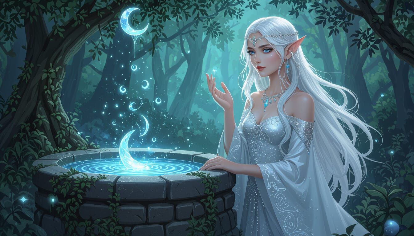 Enchanted Elven Princess at Wishing Well, Art Nouveau Portra...