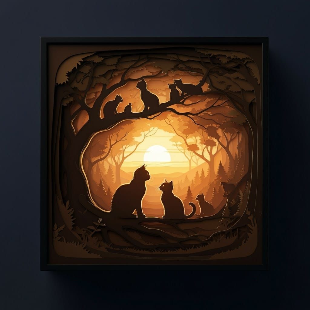 Whimsical Sunset Scene in Multi-Layered Papercut Style