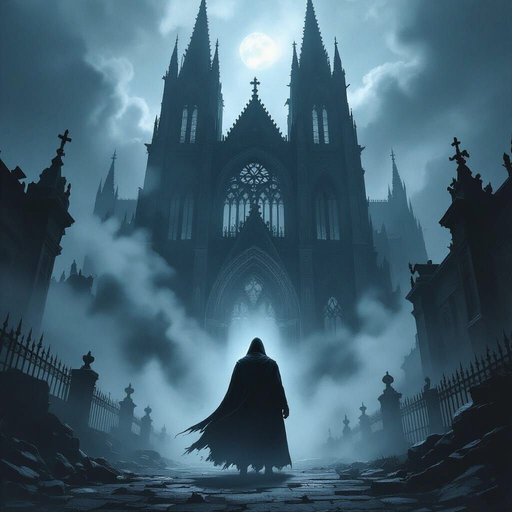 Hooded Figure at Gothic Cathedral in Dark Fantasy Comic Styl...