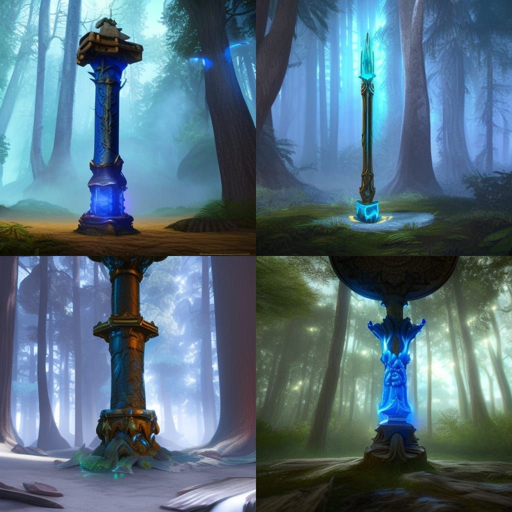 Glowing Blue Sword in Forest: Fantasy Concept Art