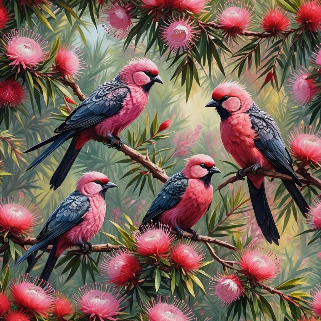 Pink Birds on Callistemon Branch: Neo-Impressionism Art