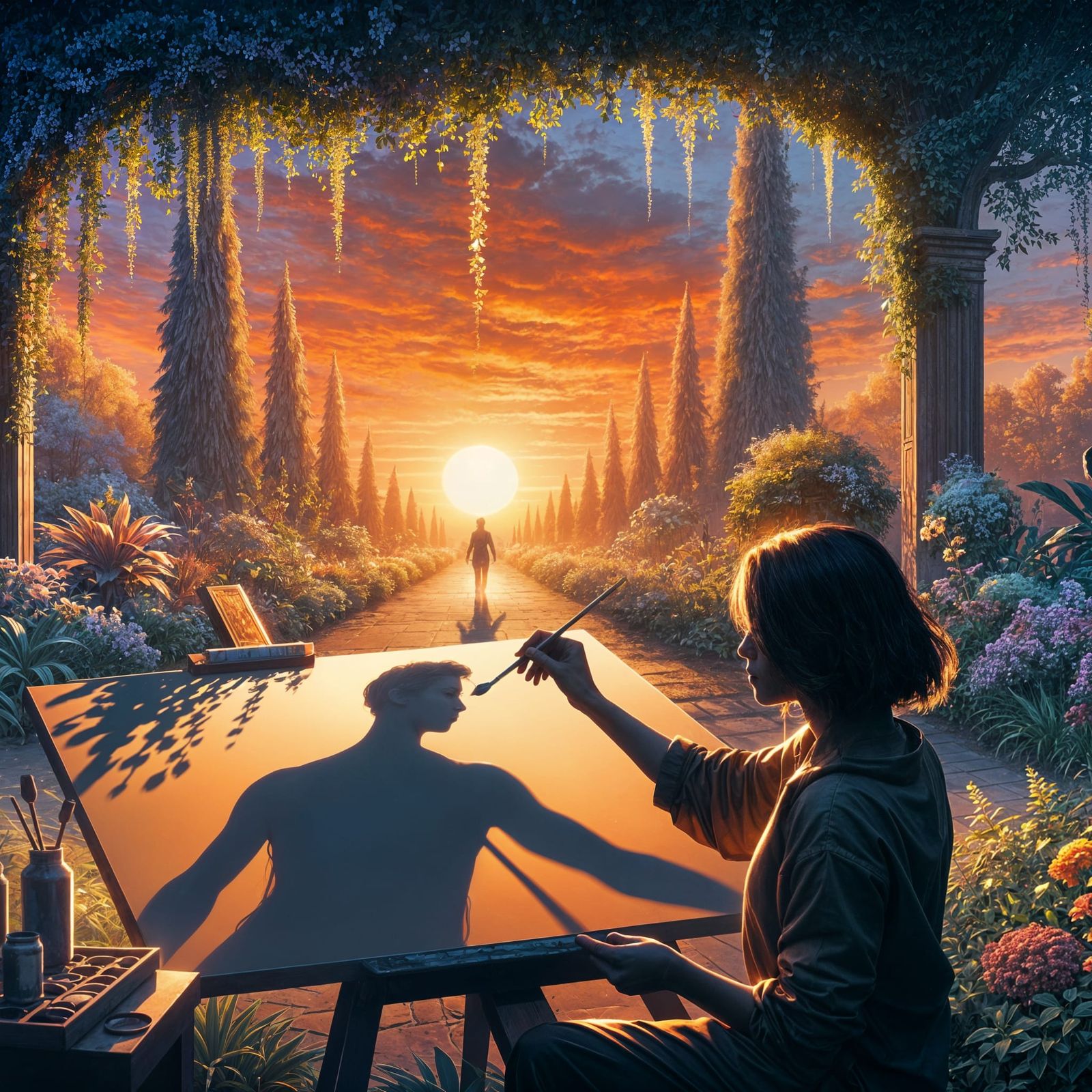 Sunset Silhouette: Artist and Model in Garden