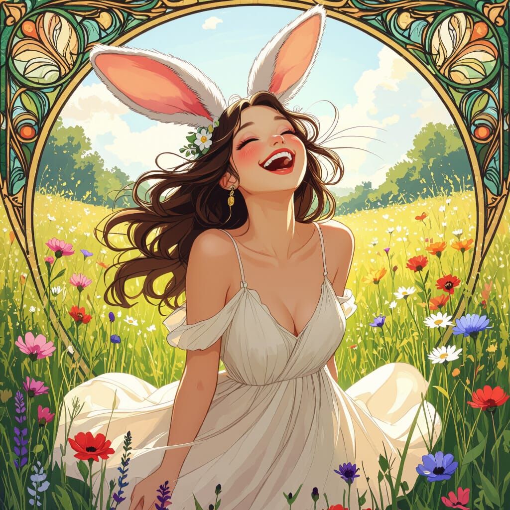 Joyful Bunny Woman in Art Nouveau Meadow