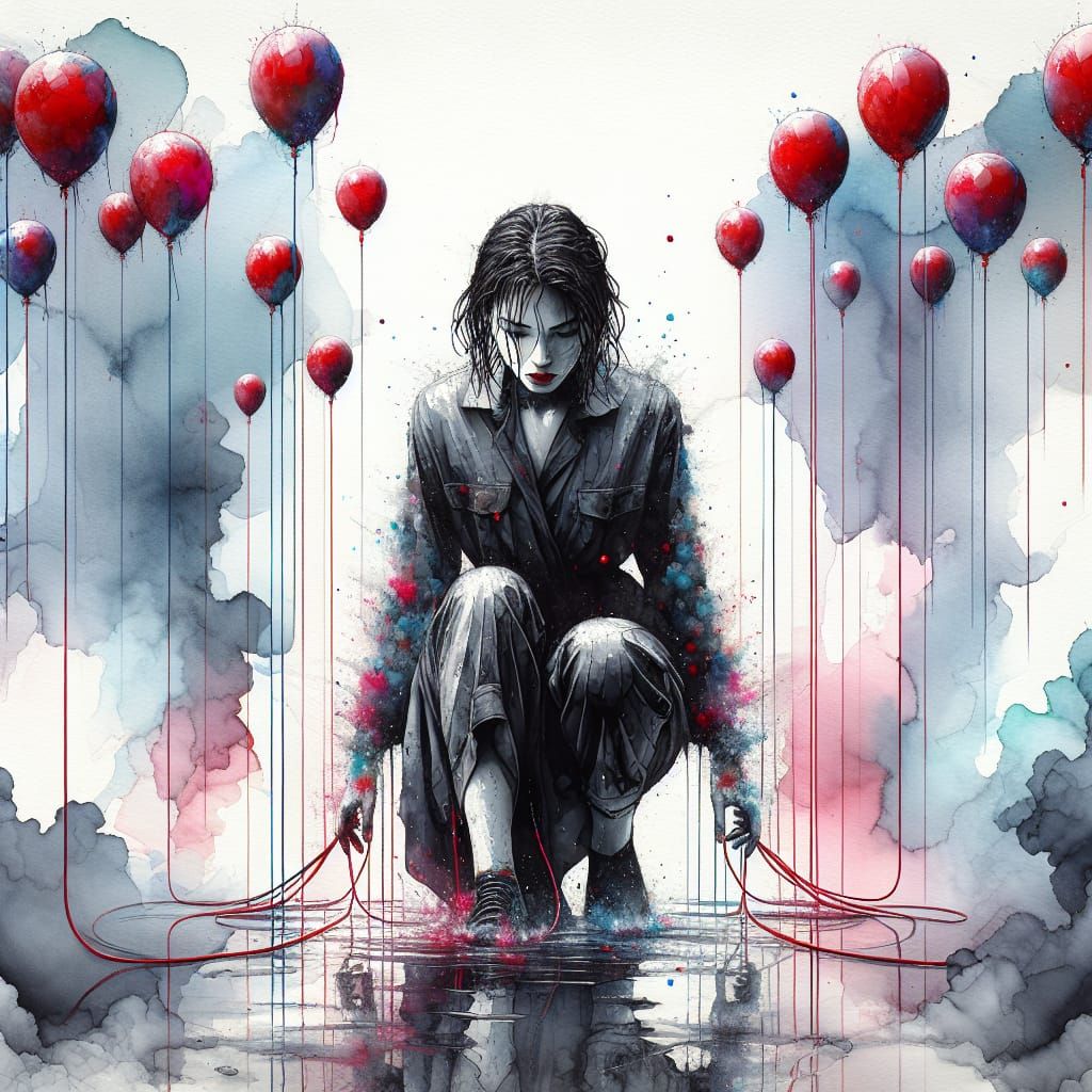 Woman Kneeling in Puddles with Red Balloons in Watercolor St...